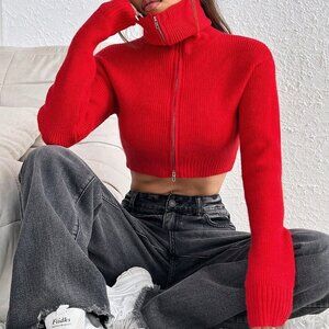 Red Casual Women's Sexy Fashion Zip Front Long Sleeve Crop Cardigan